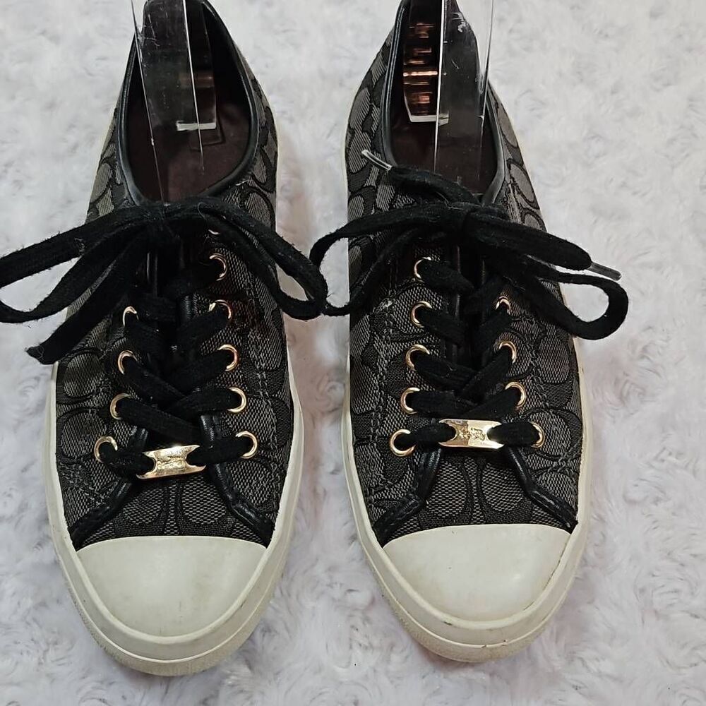 Coach Empire Low Top Signature Logo Sneakers Womens 7.5 Black Gray Canvas Shoes